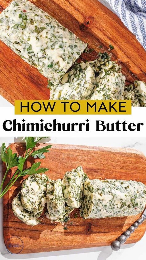 This chimichurri butter recipe is so easy to make and is a great condiment recipe to add flavor to your meals. Add tons of fresh, creamy flavor to your meals with chimichurri butter, a mix of bright, tangy chimichurri and rich softened butter. It's a delicious spread for bread, grilled meats, or a flavorful addition to roasted veggies. Here I feature a chimichurri butter board. Easy and simple chimichurri butter recipe. Chimichurri Butter Recipes, Chimichurri Butter, Spread For Bread, How To Make Chimichurri, Cilantro Butter, Chimichurri Chicken, Cilantro Parsley, Compound Butter Recipe, Butter Board