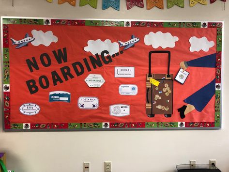 Spanish Club Ideas, Spanish Bulletin Boards, Library Bulletin Board, Ra Bulletins, Ra Bulletin Boards, Airplane Theme, Spanish Club, Culture Day, Spanish Class