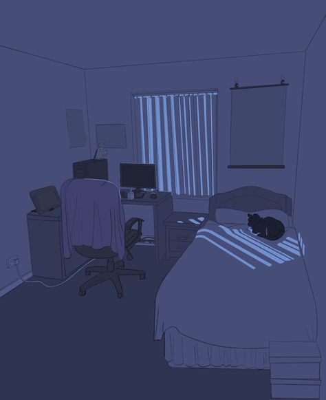 Dark Bedroom Drawing, Night Room Drawing, Lofi Art Night, Simple Bedroom Drawing, Dark Bedroom Background, Dark Room Drawing, Dark Room Illustration, Anime Backgrounds Dark, Anime Bedroom Drawing