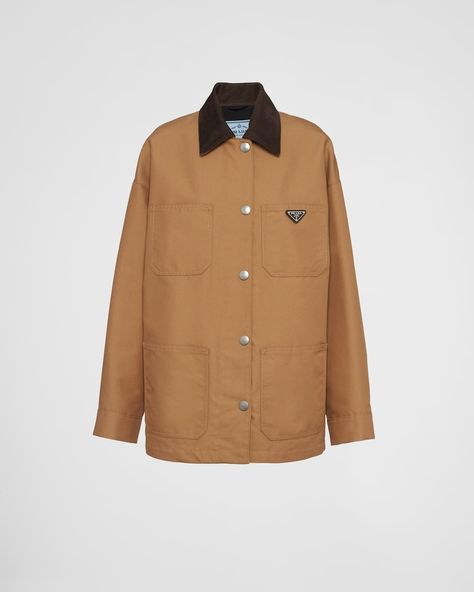 Camel Brown Technical Canvas Blouson Jacket | PRADA Silhouette Canvas, Barn Jacket, Blouson Jacket, Coat Trends, Spring Capsule Wardrobe, Canvas Jacket, Triangle Logo, Lady Dior, Geometric Patterns