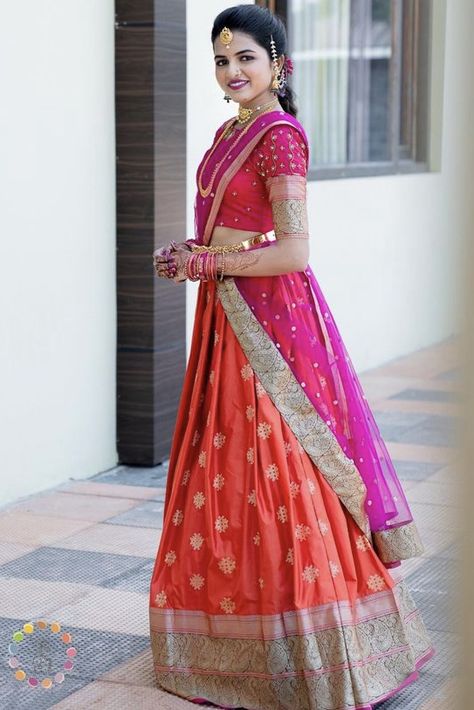 Orange And Pink Lehenga, Half Saree Designs Color Combinations, Pink And Orange Lehenga, Orange Half Saree, Gold Blouse Designs, Pink Half Sarees, Saree Reuse, Ceremony Outfit, Haldi Ceremony Outfit