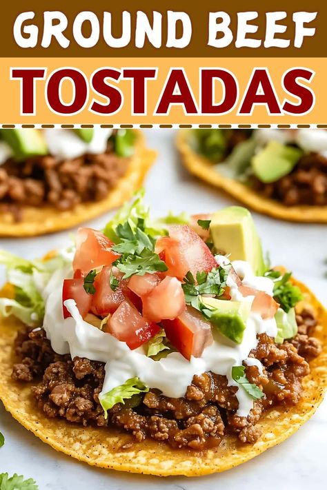 Dinner For 2 Ground Beef, Breakfast Ground Beef Recipes, Spanish Ground Beef Recipes, Tostada Recipes Beef, How To Make Tostadas, Recipe Ideas With Ground Beef, Tacos Recipes Beef Ground, Beef Tostada Recipes, Me Ican Food Ideas