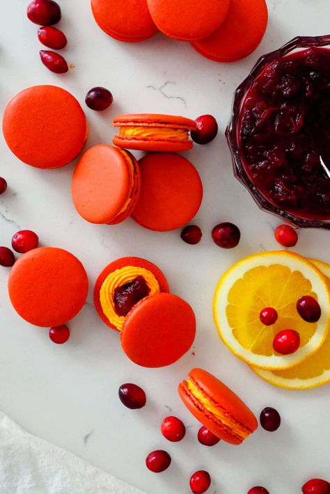 Cranberry Orange Macarons - Macarons - The Floral Apron Cranberry Orange Macarons, Cranberry Macarons, Orange Macarons, Xmas Foods, Leftover Cranberry Sauce, Macaroon Recipes, Diy Treats, Floral Apron, Macaron Recipe