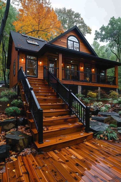 Rustic House Exterior, Deck Inspiration, Siding Ideas, Mountain Home Exterior, Family Houses, Dark Trim, Red Farmhouse, Forest Cottage, House Tree