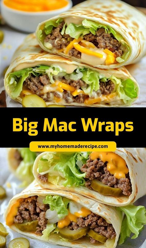 These Big Mac Wraps bring the classic flavors of a Big Mac into a fun and easy wrap! Loaded with beef, cheese, pickles, and special sauce, they’re perfect for a quick meal at home. Big Mac Wrap Recipe, Big Mac Crunch Wrap, Healthy Wrap Ideas, Zepbound Diet, Big Mac Wrap, Roast Beef Wrap, Snack Wraps, Keto Big Mac, Beef Mac And Cheese