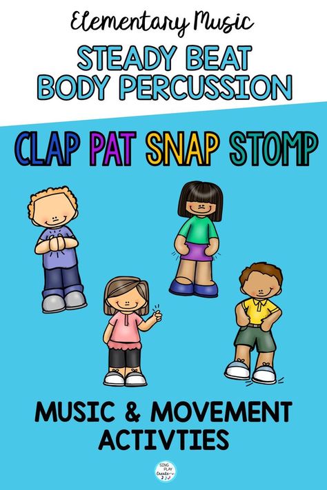 Teaching elementary music? Here are some ideas for using elementary body percussion activities to help your students feel the beat. Music And Movement Activities Elementary, Preschool Music Activities Fun Games, Teaching Music Elementary Activities, Music Games For The Classroom Movement Activities, Preschool Dance Activities Music And Movement, Preschool Music Lessons, Music Games For Kids, Elementary Music Lessons Fun Games, Kodaly Songs