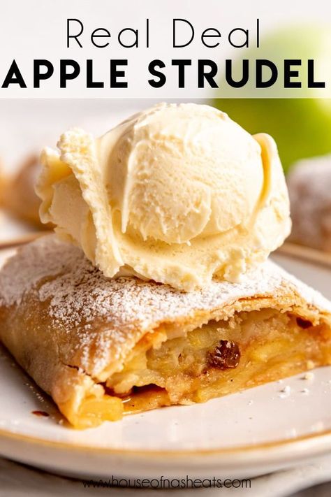 This Apple Strudel recipe (Apfelstrudel in German) is easier than it seems and so much fun to make. And the resulting strudel is a delicious, festive dessert just like the ones you would get in Austria or Germany filled with sweet, spiced apples and raisins in a flaky crust that everyone will love! | apple strudel recipe from scratch | apple strudel recipe germany | homemade apple strudel recipe | how to make apple strudel Homemade Apple Strudel Recipe, Apple Strudel Recipe, Apfelstrudel Recipe, Strudel Recipes, Apple Strudel, German Desserts, Fall Baking Recipes, Festive Desserts, Easiest Apples