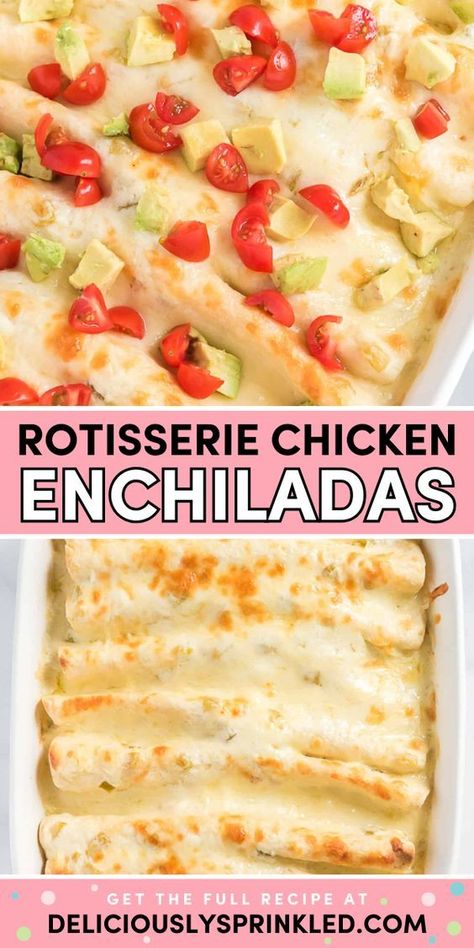 You're going to love these baked chicken enchiladas! This quick and easy meal for tonight is ready in just 30 minutes. Made with rotisserie chicken and a sour cream sauce, this is the BEST enchilada recipe. Put this on your rotation of busy weeknight dinners! Authentic Chicken Enchilada Recipe, Best Enchilada Recipe, Baked Chicken Enchiladas, Easy Dinner With Chicken, Authentic Chicken Enchiladas, Creamy Chicken Enchiladas Recipe, Best Chicken Enchilada Recipe, Rotisserie Chicken Enchiladas, Dinner With Chicken