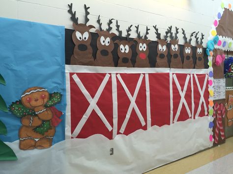 Reindeer stable school hallway Reindeer Stable, School Hallway Decorations, Christmas Desk Decorations, Christmas Cubicle Decorations, Christmas Hallway, School Hallway, Christmas Contests, Winter Wonderland Decorations, Christmas Program