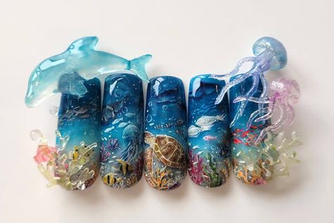 Coral Reef Nails, Ocean Nails Sea, Under The Sea Nails, Crazy Acrylic Nails, Competition Nails, Dolphin Nails, Sea Nails, 3d Nail Art Designs, Retro Nails