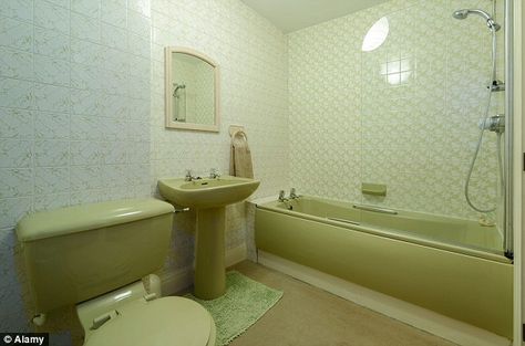 Investing in homes with outdated decor like avocado bathrooms (pictured) is the best way to quadruple your money, according to a leading property developer Avocado Bathroom Suite, Lime Green Bathrooms, Bathroom Sink Units, Green Bathroom Decor, Trendy Bathroom Tiles, Room Green, Retro Bathrooms, Small Remodel, Bathroom Suite