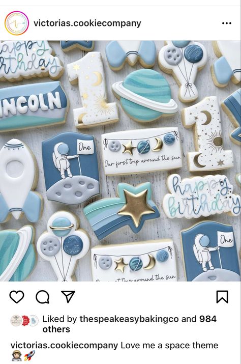 Space 1st Birthday Cookies, Astronaut Birthday Cookies, One Year Around The Sun Cookies, Space Birthday Cookies Decorated, Space Cookies Birthday, First Birthday Space Cookies, Space Cookies Decorated 1st Birthday, 1st Birthday Party Space Theme, Space Royal Icing Cookies