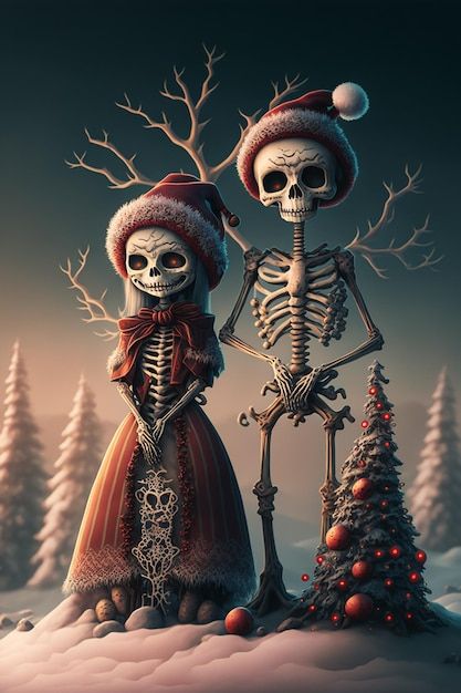 Tiny skeletons couple celebrating christ... | Premium Photo #Freepik #photo #christmas-happy-new-year #christmas-new-year #christmas-tree-merry-christmas #merry-christmas Helloween Wallpaper, Cute Monsters Drawings, Couple Celebrating, Scary Christmas, Spooky Christmas, Halloween Folk Art, Cute Skeleton, Creepy Christmas, Dark Christmas