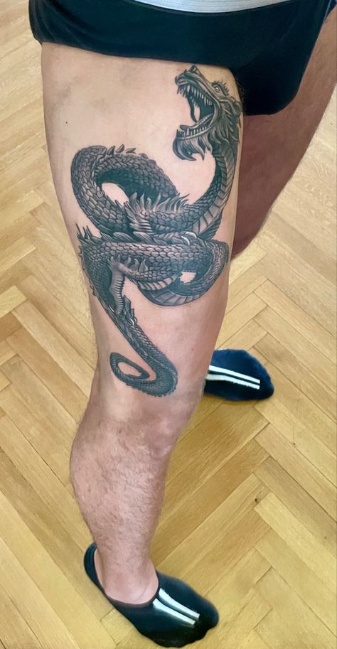 Dragon Tattoo Thigh Men, Jordans Tattoo, Dragon Calf Tattoo, Dragon Thigh Tattoo, Jordan Tattoo, Upper Leg Tattoos, Thigh Tattoo Men, Him And Her Tattoos, Dragon Sleeve