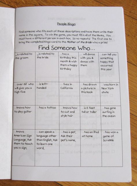 First page: People Bingo! We're hoping this will encourage our guests of all ages to interact. Diy Activity Book, Wedding Guest Activities, Kids Table Wedding, Wedding Games For Guests, Kids Wedding Activities, Offbeat Bride, Wedding Activities, Wedding Entertainment, Diy Activities