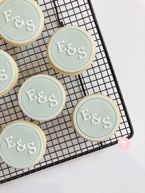 Sage Green Wedding Favour BiscuitsCookies Green Themed Engagement Party, Engagement Party Sage Green, Sage Green Cookies Wedding, Sage Wedding Cookies, Sage Green Wedding Cookies, Sage Green Cookies, Engagement Cookies Ideas, Simple Wedding Cookies, Custom Wedding Cookies