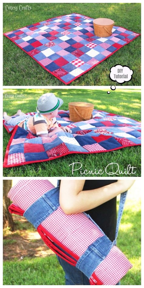 DIY Recycled Jean Picnic Quilt Free Sewing Pattern | Fabric Art DIY Recycler Diy, Diy Picnic, Jean Diy, Blue Jean Quilts, Hantverk Diy, Jean Quilt, Picnic Quilt, Diy Jeans, Blue Jeans Crafts