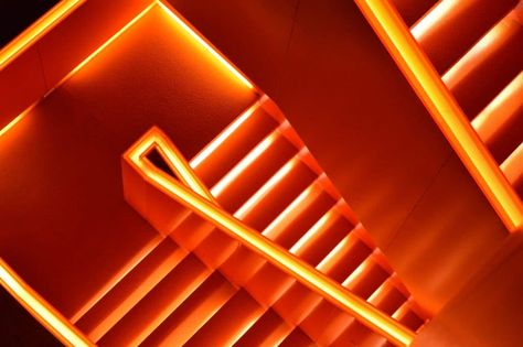 electric orange staircase Creepy Backgrounds, Apple Background, Aesthetic Orange, Cute Pink Background, Backgrounds Girly, Led Tape Lighting, Decoration Restaurant, Orange Neon, Neon Aesthetic