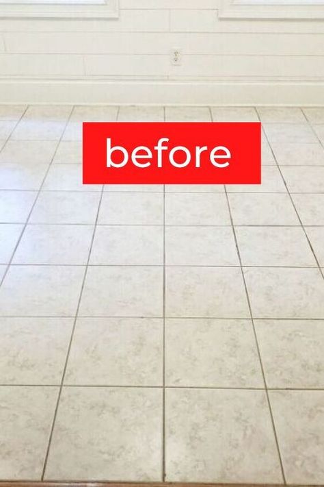 Update your old tile floors with this quick and simple floor upgrade idea. No need to retile old floors, with some paint and stencil you can give your room a fresh new update for cheap. Old Tile Floor Living Room, New Floors On A Budget, Paint Floor Tile, White Kitchen Floor, Faux Fireplace Mantels, Accent Wall Stencil, Tile Floor Living Room, Floor Makeover, Painting Tile Floors