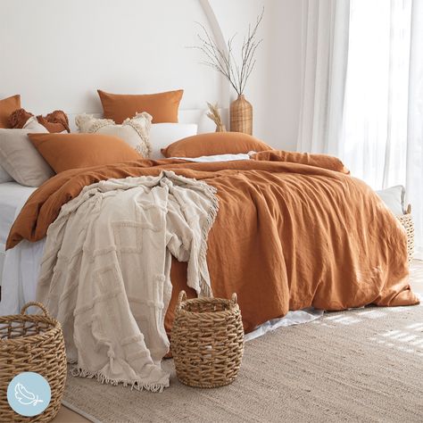 Pair the bold shade of rust linen with beautiful natural tones and textures for a relaxed take on bedroom styling.#PillowTalkAustralia #ForTheLoveOfComfort #bedroomdecor #bedroomstyling #quiltcoverset #quilt #bedroom Minimalist Dekor, White Room, Bed Sets, Bed Linen Sets, Duvet Bedding, Linen Duvet Covers, Cotton Duvet Cover, Room Inspiration Bedroom, Boho Bedroom