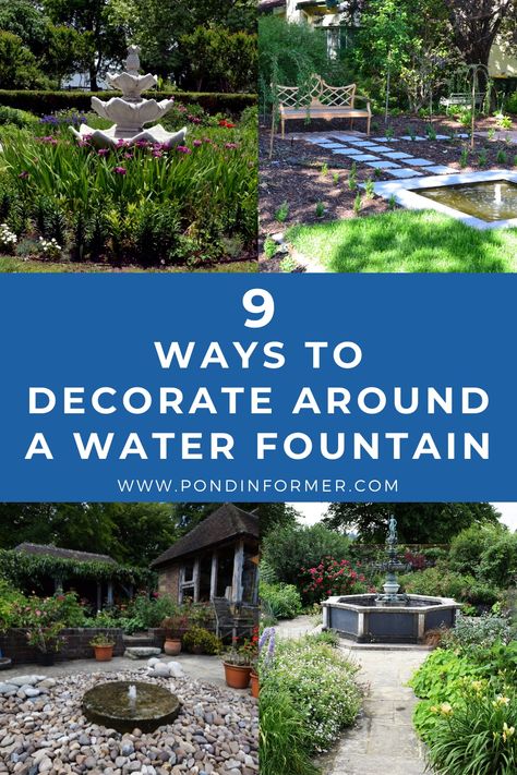 Landscape Fountain Ideas Front Yards, Flower Bed With Water Fountain Garden Ideas, Fountain Garden Landscaping, Water Fountain Flower Bed, Fountain On Deck, Garden With Fountain Ideas, Landscaping Around Water Fountain, Fountains Backyard Landscape, Fountain In Flower Bed