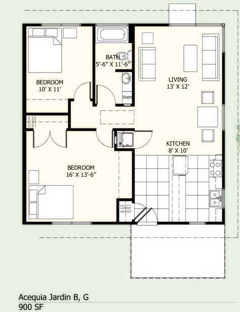 Floorplan 900        900 Sq ft, 2 bedroom, 1 bath, carport, walled garden courtyard.                                                                    Includes casita, meeting facilities, com... 900 Sq Ft House, 800 Sq Ft House, 1500 Sq Ft House, 1 Bedroom House Plans, Little House Plans, Two Bedroom House, 2 Bedroom House Plans, Free House Plans, House Plans 3 Bedroom