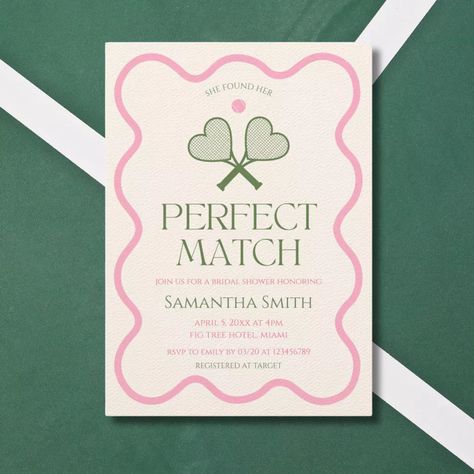 Perfect Match Tennis Pink & Green Bridal Shower Tennis Invitation, Pink And Green Aesthetic, Unique Bridal Shower Invites, Illustrated Invitations, Green Bridal Showers, Themed Illustrations, Tea Party Invitations, Country Clubs, Elegant Bridal Shower