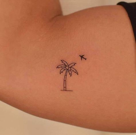 Palm Tree And Airplane Tattoo, California Fine Line Tattoo, Mini Hawaiian Tattoos, Beach Vacation Tattoo, Cute Florida Tattoos, Holiday Tattoo Ideas Summer, Beach Foot Tattoo, Beach Bum Tattoo, Coconut Tattoo Minimalist