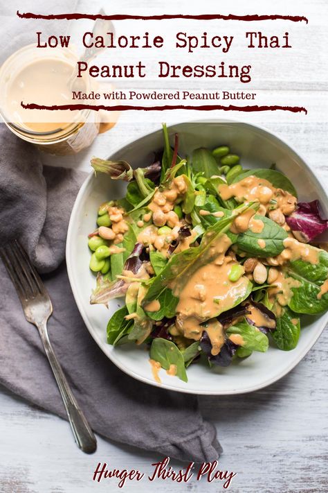 Creamy thai peanut dressing with fewer calories!  This salad dressing recipe uses powdered peanut butter to cut calories without losing delicious peanut butter flavor.  Easy to make dressing blended in the food processor and perfect for salads or as a dipping sauce! Thai Peanut Dressing, Powdered Peanut Butter, Sauces Recipes, Thai Peanut Sauce, Salad Dressing Recipe, Peanut Dressing, Thai Peanut, Spicy Thai, Veggie Dip