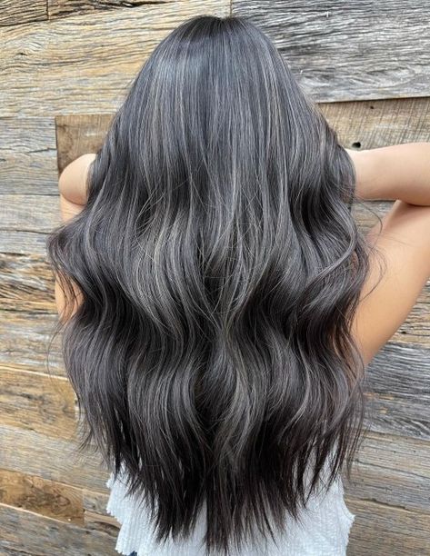 Dark Ash Brunette Hair, Dark Ash Black Hair, Ash Grey Black Hair, Ashy Brown On Black Hair, Black Base Ash Highlights, Black Ash Hair, Soft Ash Black Hair, Ashy Babylights On Black Hair, Dark Brown With Ash Highlights