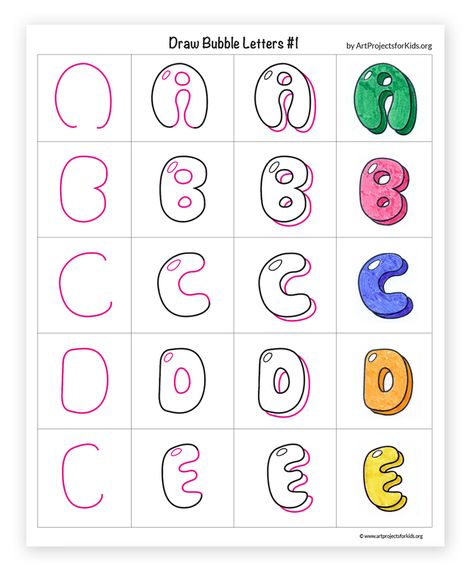 How to Draw Bubble Letters · Art Projects for Kids How To Draw Alphabet Letters, How To Do Bubble Writing, Easy Font Ideas, Easy Letters To Draw, How To Write Letters In Style, Easy Bubble Letters, How To Draw Bubble Letters, Easy Lettering Styles, Cute Bubble Letters