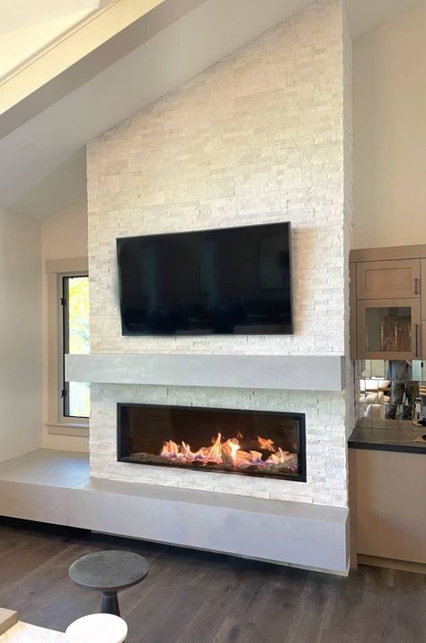 Gilded-Frost-Ledgestone-FireplaceWEB Ledgestone Fireplace, Fireplace Vaulted Ceiling, Black Hearth, White Stone Fireplaces, Stone Veneer Fireplace, Stone Fireplace Designs, Stone Fireplace Wall, Fireplace Feature Wall, Fall Fireplace Decor