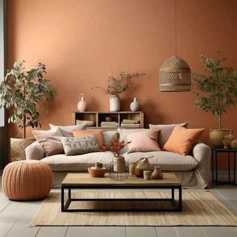 Cozy Homey Living Room, Living Room Beige Carpet, Light Peach Living Room, Terracotta Sitting Room, Terracota Living Rooms, Apricot Living Room, Brown And Orange Living Room Ideas, Brown Orange Living Room, Light Orange Walls