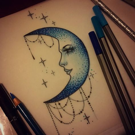 For Lauren 😊 #moon #sparkly #neotraditional #moontattoo #stars #ladytattooers #design #uktattoo #plymouth #igdaily Moon With Fairy Tattoo, Moon With Sparkles Tattoo, Sparkly Tattoo, Moon With Face Drawing, Moon And Stars Mandala Tattoo, Moon Face Tattoo, Feminine Moon Face Tattoo, Crescent Moon Fairy Tattoo, Blue Moon Tattoo