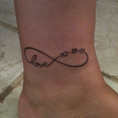 My new tattoo - it is the infinity symbol with our wedding date included. Love it!! Lower Arm Sleeve, Roman Numeral Date Tattoo, Wedding Date Tattoos, Infinity Love Tattoo, Roman Numeral Birthday, Infinity Sign Tattoo, Birthdate Tattoo, Date Tattoo, Anniversary Tattoo