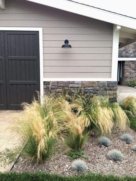 Great color combo for a home or garage. The color seem to have flow directly from the stone. The horizontal siding is contrasted by the vertical on the garage doors. Perfect Griege Sherwin Williams Exterior, Sw Perfect Greige Exterior, Greige Outdoor Paint House Colors, Greige Siding Exterior, Light Greige Exterior House Colors, Perfect Greige Sherwin Williams Exterior, Greige Exterior House Colors White Trim, Greige House Exteriors, Light Grey Siding