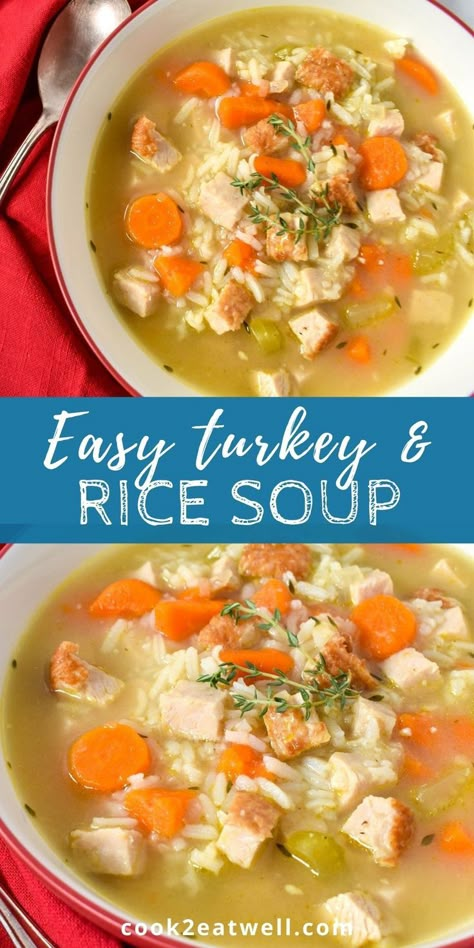 Two images of the turkey and rice soup served in a white bowl with a red rim. Turkey Soup Crockpot, Turkey And Rice Soup, Easy Turkey Soup, Turkey Casserole Recipes Leftover, Homemade Turkey Soup, Turkey Rice Soup, Turkey And Rice, Turkey Casserole Recipe, Leftover Turkey Soup