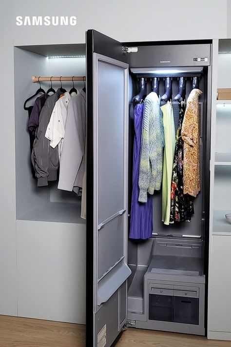 This is a scene of a closet space with the Bespoke AirDresser inside. Steaming Station In Closet, Steam Closet Laundry, Laundry Room Steamer, Laundry Room With Steamer Closet, Steamer Closet, Laundry Room With Steamer, Laundry Room Steamer Closet, Steam Closet, Clothes Steamer Station