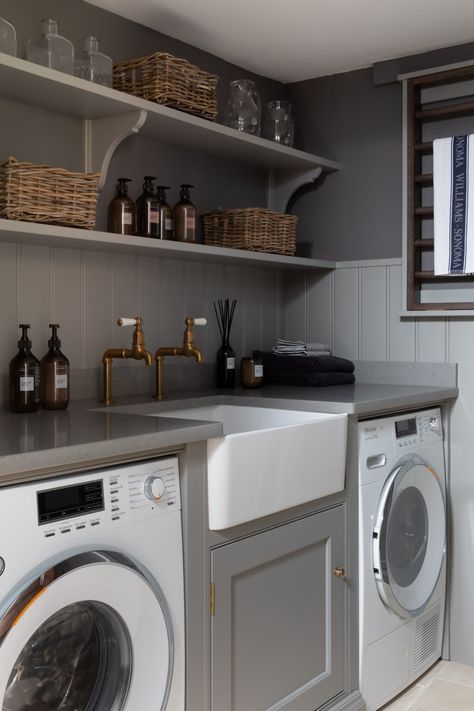 Utility Room | St. Albans Showroom - Grey painted cabinetry - artisan shelving - Miele washing machine and tumble dryer - Ashley & Co - Humphrey Munson Kitchens #humphreymunson Utility Room Inspiration, Boot Room Utility, Utility Room Storage, Small Utility Room, Utility Room Designs, Humphrey Munson, Dream Laundry Room, Mudroom Laundry Room, Laundry Room Layouts