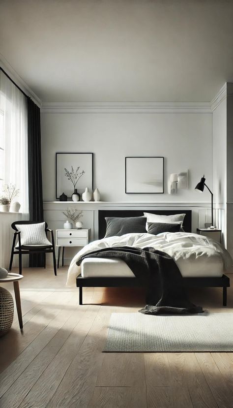 20+ Timeless Black and White Bedroom Ideas for a Classic Look 48 Black Bed In Bedroom, White Walls Bedroom Ideas, Black And White Room Decor Bedroom Ideas, Black Bed Bedroom Ideas, Bedroom Inspirations Black And White, Classic Apartment Decor, Indy Room, Bedroom Ideas Black And White, Black White And Grey Bedroom