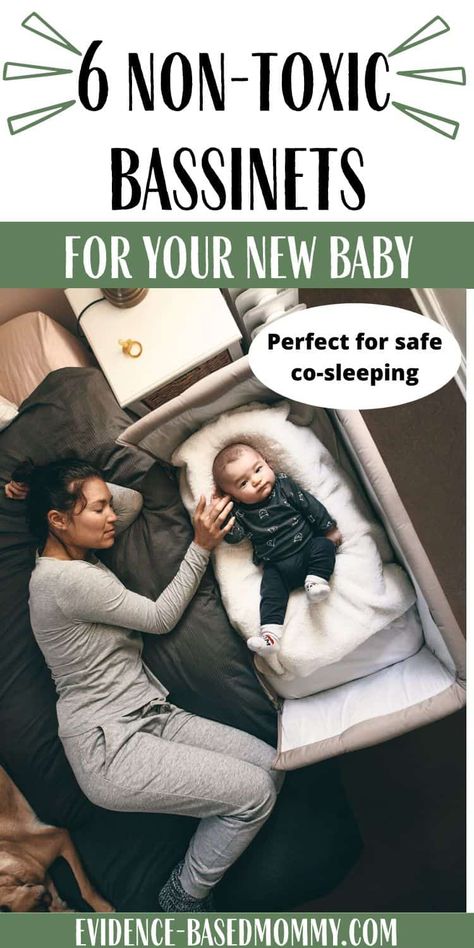 Pin that reads 6 non-toxic bassinets for your new baby: Perfect for safe co-sleeping. There is a picture of a mother holding her baby's hand as she sleeps beside the co sleeper bassinet. Bed Bassinet Co Sleeper, Co Sleep Bassinet, Co Sleeping Bassinet, Best Bedside Bassinet, Cosleeping With Newborn, Bedside Bassinet Set Up, Co Sleeping Bedroom, Cosleeping Bassinet, Diy Co Sleeper