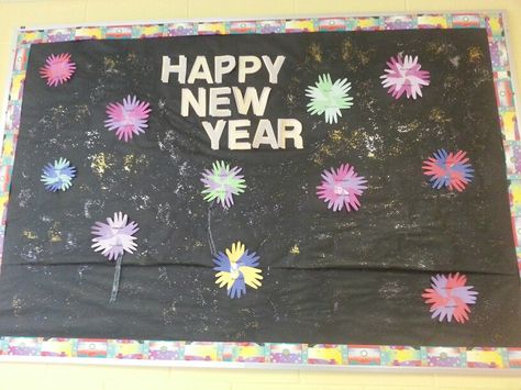 New Years Bulletin Board Ideas Toddlers, Firework Bulletin Board, New Years Classroom Bulletin Boards, January Classroom Bulletin Boards, New Years Classroom Decorations, New Years Bulletin Boards, New Years Bulletin Board Ideas Preschool, Happy New Year Bulletin Boards, New Years Bulletin Board Ideas