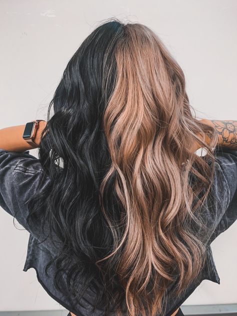 Black With Blonde Peekaboo Highlights, Hair Color 2023 Money Piece, Split Brown And Black Hair, Edgy Strawberry Blonde Hair, Color Block Hair Natural Colors, Dark Brown Light Brown Split Dye, Money Piece Hair Black And Blonde, Black And Colored Hair Ideas, Split Dye Balayage