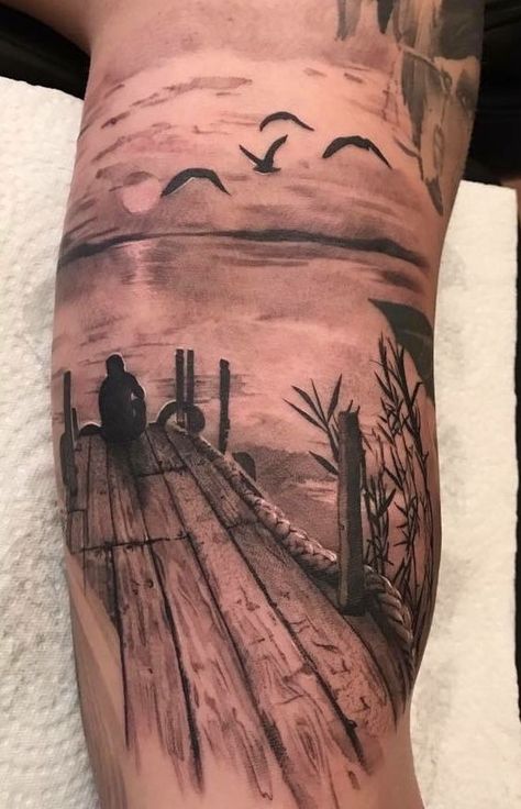 Lake Dock Tattoo Ideas, Fishing Tattoo For Men Forearm, Lake Tattoo Sleeve, Dock Tattoos, Father Daughter Fishing Tattoos, Dock Tattoo, Pier Tattoo, Lake Tattoo Ideas, Fishing Tattoos