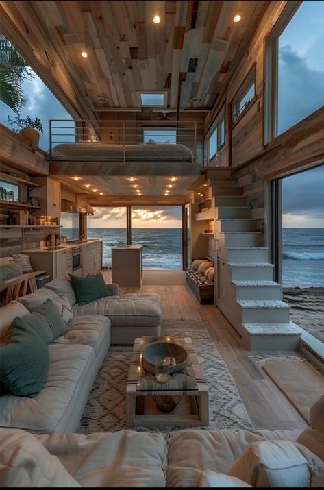 Industrial Beach House, Tiny House Beach, Tiny Beach Cottage, Stilt Home, Small Beach Houses, Building A Tiny House, Tiny House Floor Plans, Seaside Cottage, Island House