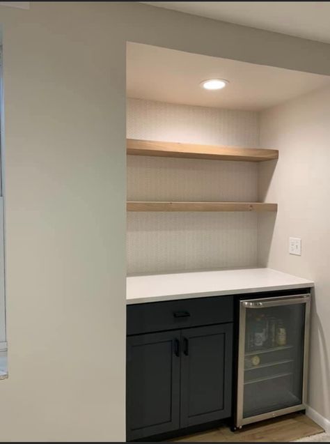 Mini Fridge In Basement Ideas, Basement Cabinets With Mini Fridge, Basement Built Ins With Mini Fridge, Mini Fridge Built In Cabinet, Basement Kitchenette With Tv, Mini Fridge Cabinet Beverage Center, Basement Snack Bar, Basement Wet Bar With Full Size Fridge And Tv, Wine Cooler And Mini Fridge