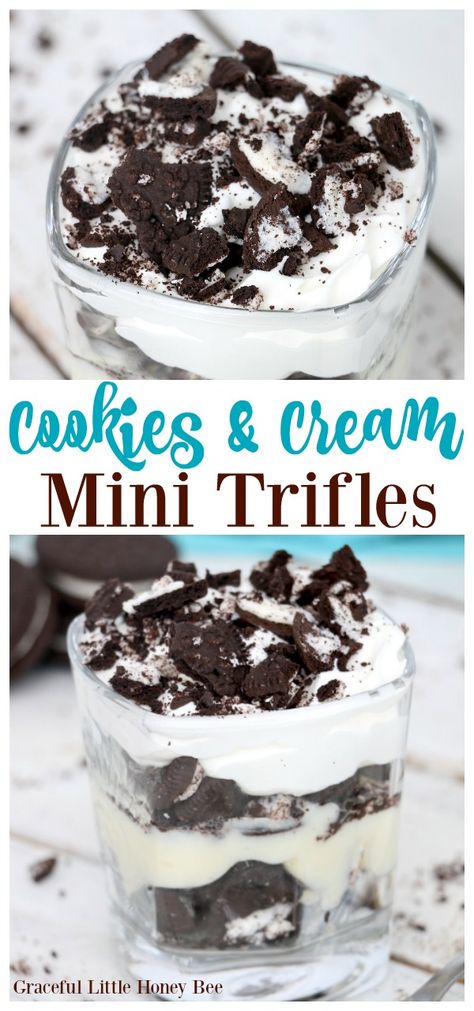 Try these super quick and easy Cookies and Cream Mini Trifles for a fun weeknight dinner or a simple dinner party dessert that everyone will love! Mini Trifle Desserts, Dessert Trifles, Quick And Easy Cookies, Mini Trifles, Cup Desserts, Simple Dinner Party, Mini Trifle, Trifle Recipes, Church Picnic