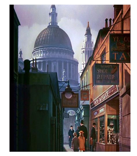 St Pauls dome has never looked as glorious as it does here from the brush of Peter Ellenshaw. A magnificent matte that also is composited as a tilt down signature shot. Almost the entire frame here is painted with only a small 'pocket' of live action and one shop window being real. Matte Shot - a tribute to Golden Era special fx: MARY POPPINS - the supercalifragulous visual effects of a Disney favourite Mary Poppins London, Mary Poppins Movie, Animated Anatomy, Mary Poppins 1964, Jane And Michael, Victorian London, London Aesthetic, Walt Disney Pictures, Disney Favorites