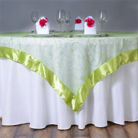 Lime Green Table, Wedding Table Overlays, Green Wedding Decorations, Feather Centerpieces, Green Tablecloth, Tafel Decor, Table Overlays, Standing Candle Holders, Embroidered Organza