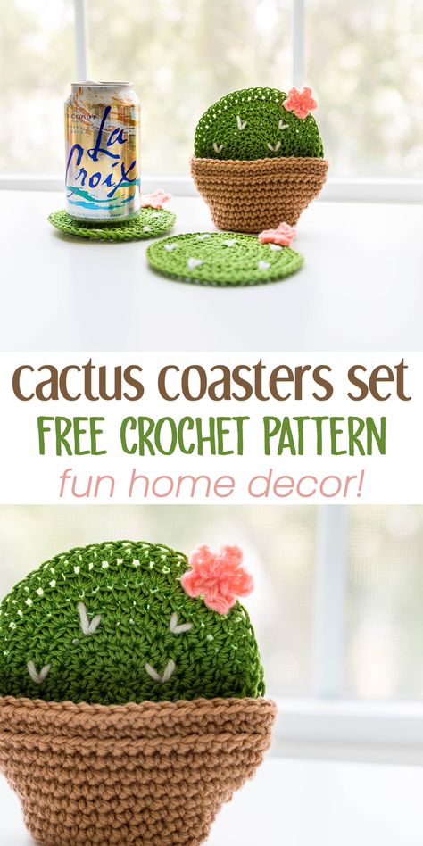 Crochet these cute cactus coasters for some trendy home decor that's handmade! It's a free pattern that comes with the planter pattern too - crochet a bunch for your next housewarming gift or for your very own patio #freepattern #crochet #DIY Cactus En Crochet, Cactus Coasters, Coaster Patterns, Crochet Coasters Free Pattern, Confection Au Crochet, Crochet Cactus, Crochet Coaster Pattern, Crochet Coaster, Pola Amigurumi